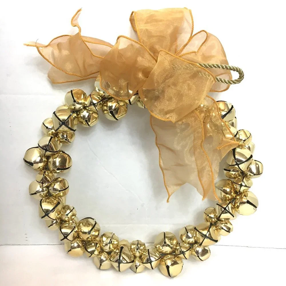 Door Bell Wreath Gold Jingle Bells Gold Bow